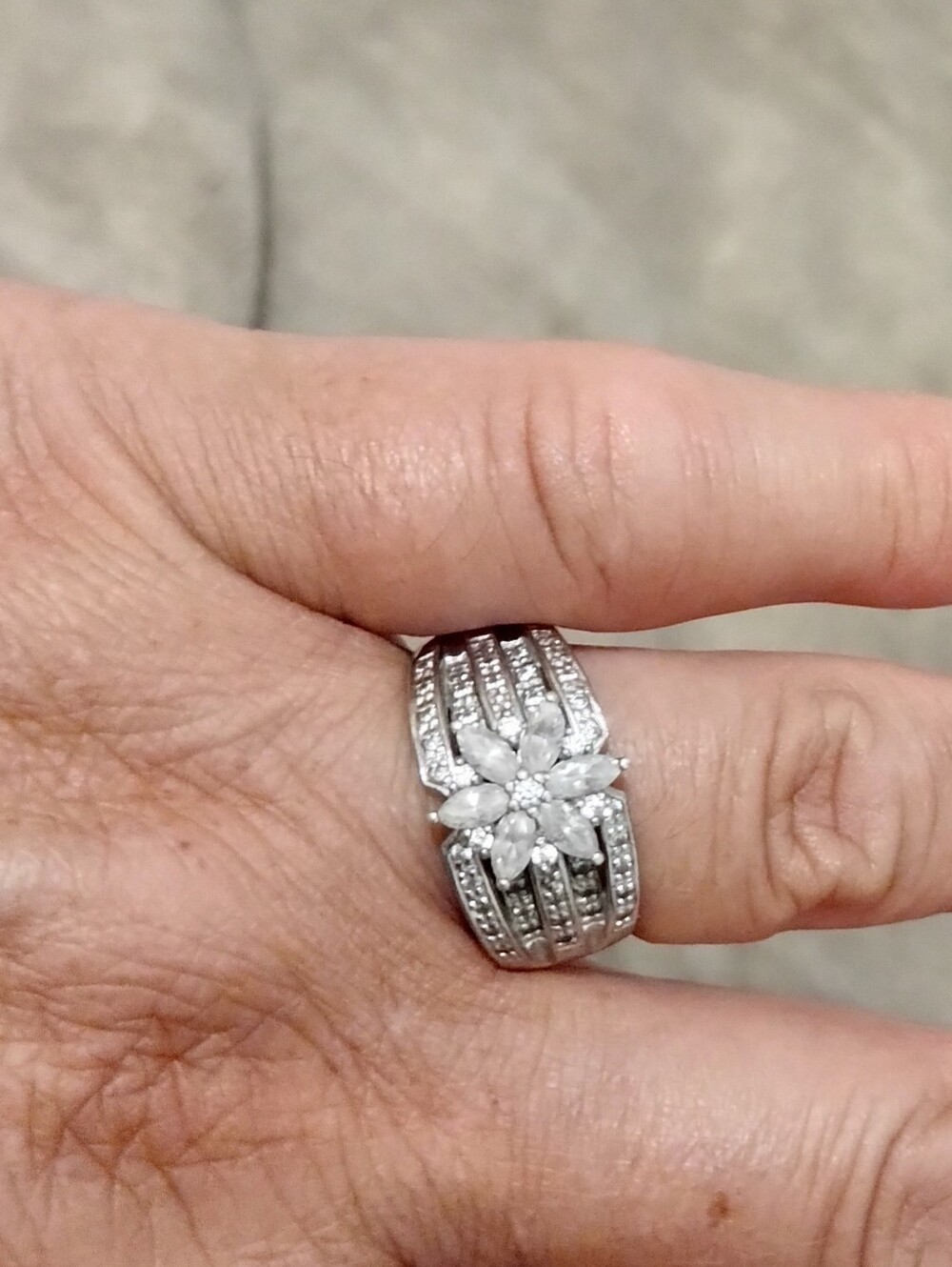 Silver Floral Marquise Cluster Ring - White Crystal Accent